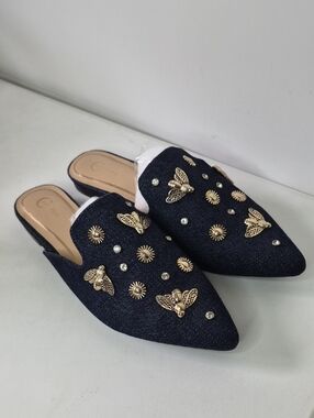 C Est 1946 Navy Embellished Pointed Denim Mules - Women's Slip-On Size 11 M